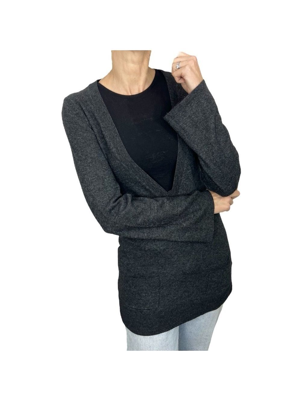 Y2K Charcoal grey wool Angora deep v neck pullover tunic sweater dress L